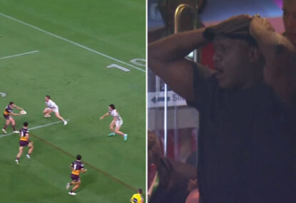 Wendell Sailor's perfect reaction to Brisbane ruining 3-on-2, giving away intercept try