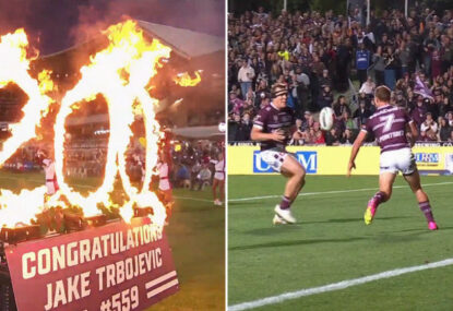 Beautiful moment as DCE selflessly ensures Jake Trbojevic gets a milestone try in game 200