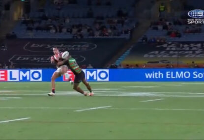 WATCH: 'Get that into ya!' Rabbitoh levels Rooster with old-fashioned winger's bone-rattler