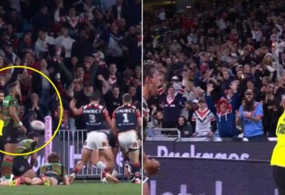 Celebrating Chook piffs ball straight into security guard, cops almighty death stare