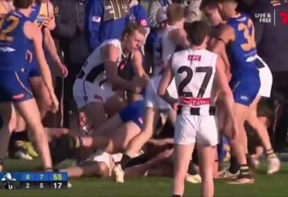 WATCH: Pies, Williamstown blow up in HEATED VFL brawl... started by absolutely nothing