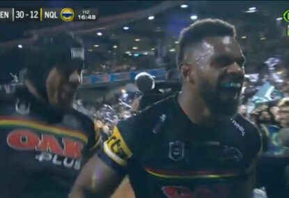 WATCH: Stephen Crichton gives the Panthers a minor scare after post-try celebration goes wrong
